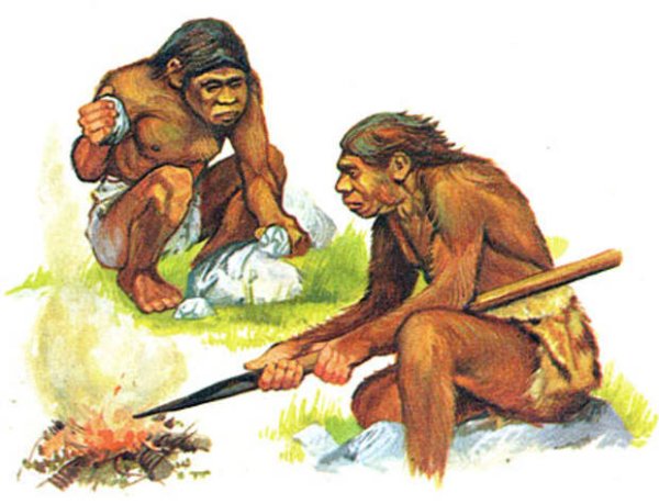 Первобытные люди добывают огонь