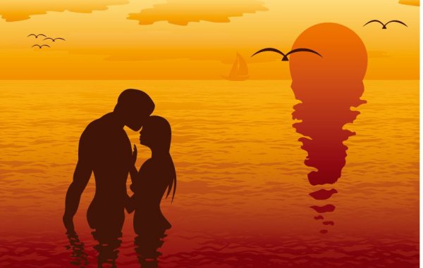 Силуэт влюбленной пары на закате