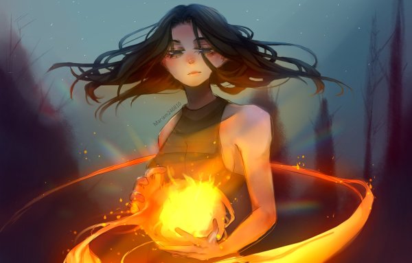 Девушка у костра аниме арт