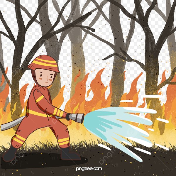 Пожарные тушат огонь в мультяшном стиле