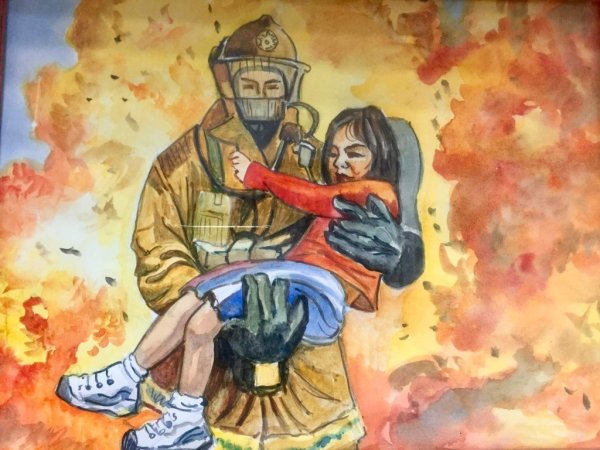 Пожарный спасает ребенка рисунок