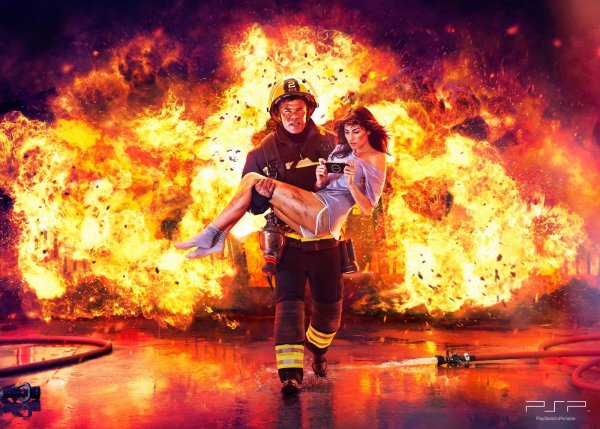 Пожарный на фоне огня