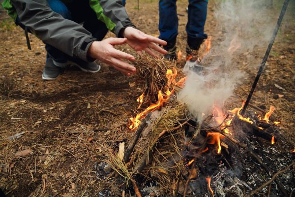 Разжигание костра в лесу