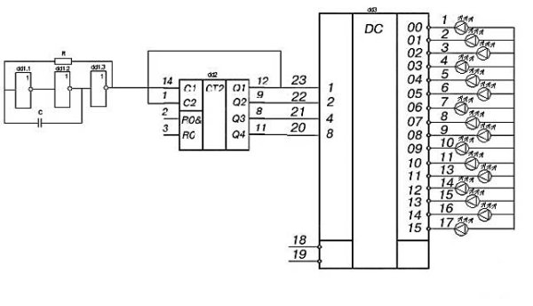 Схема бегущих огней на к155ид1