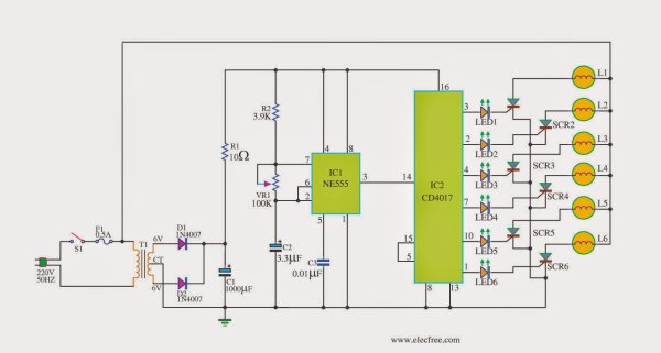 Схема бегущих светодиодных огней микросхеме ne555, cd4017