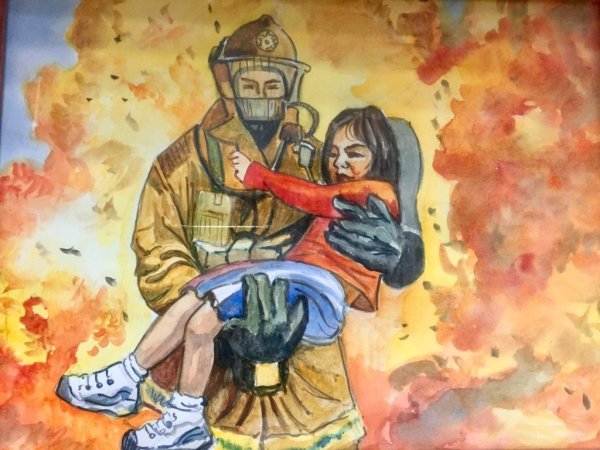 Пожарный спасает ребенка рисунок