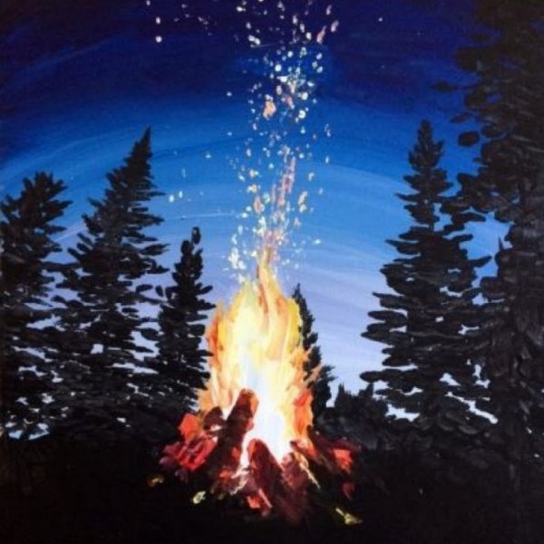 Костер в лесу акварелью