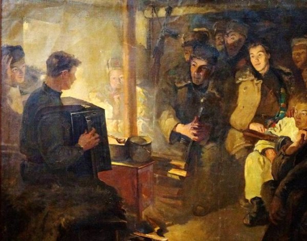 Землянка бьется в тесной печурке огонь