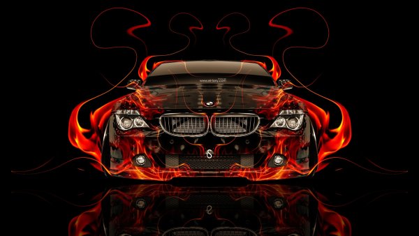 Огненный автомобиль на черном фоне