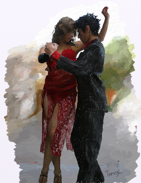 Картина пара танцует под дождем