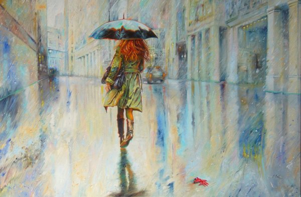 Девушка с зонтом под дождем