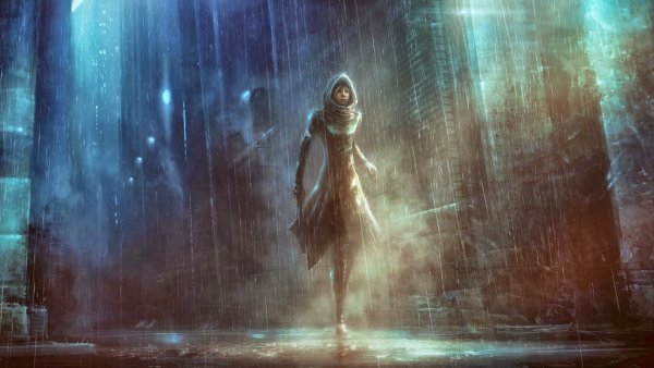 Девушка в плаще под дождем