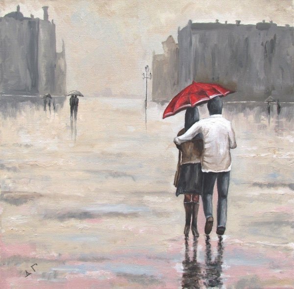 Акварель двое под дождем