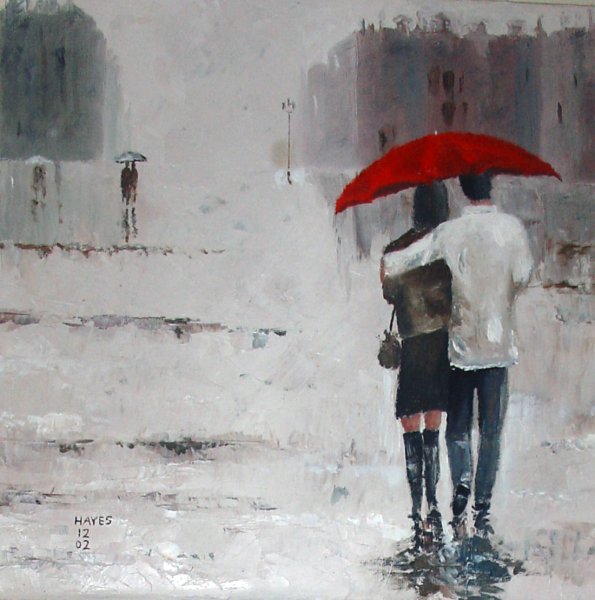 Картина мужчина и женщина под красным зонтом