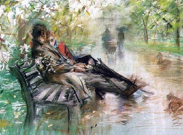 Человек на лавочке живопись
