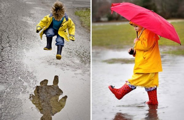 Дети прыгают по лужам