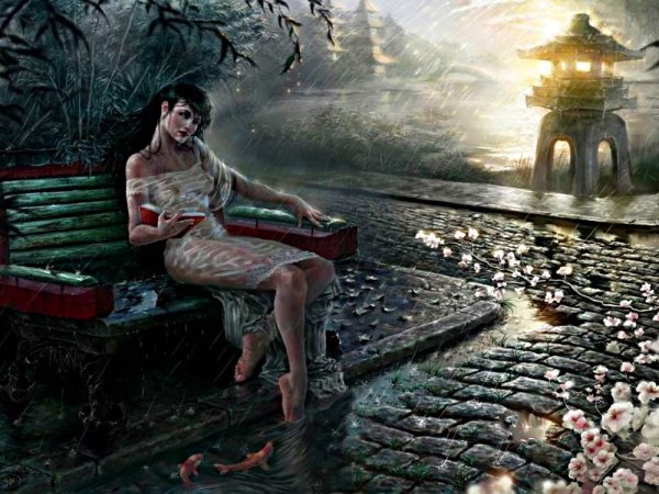 Одинокая девушка под дождем