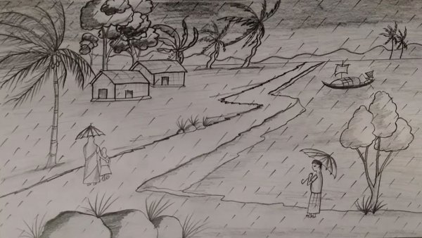 Дождливый пейзаж карандашом