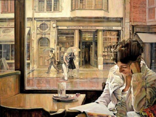 Живопись девушка в кафе на улице