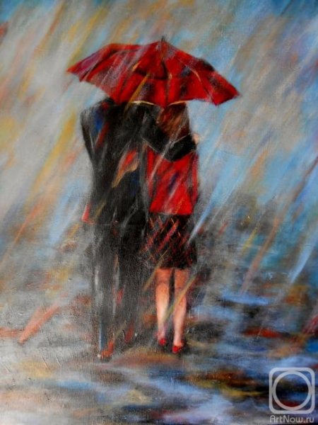 Мужчина и женщина под дождем . Живопись