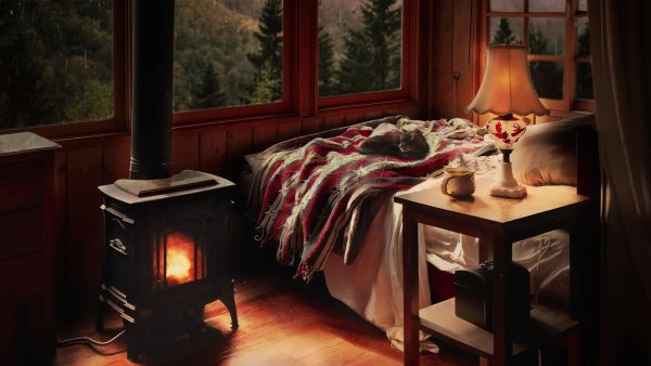 Камин и дождь за окном