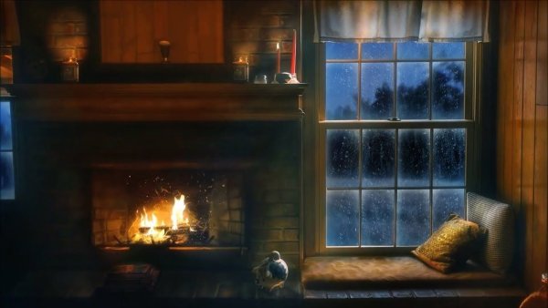 Комната с камином ночью