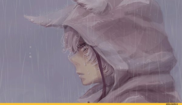 Аниме парень в капюшоне под дождем