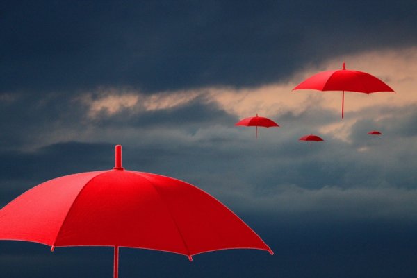 Красный зонт на сером фоне