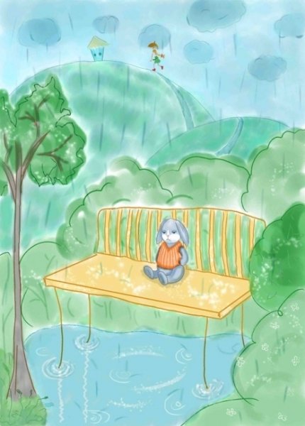 Зайка на скамейке под дождем