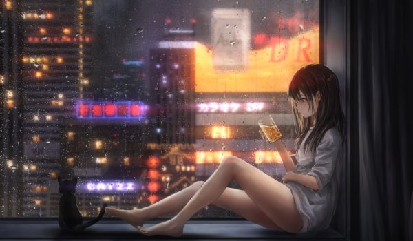 Аниме девочка на подоконнике
