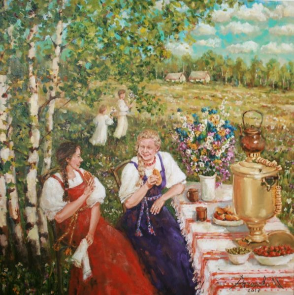 Чаепитие в деревне живопись