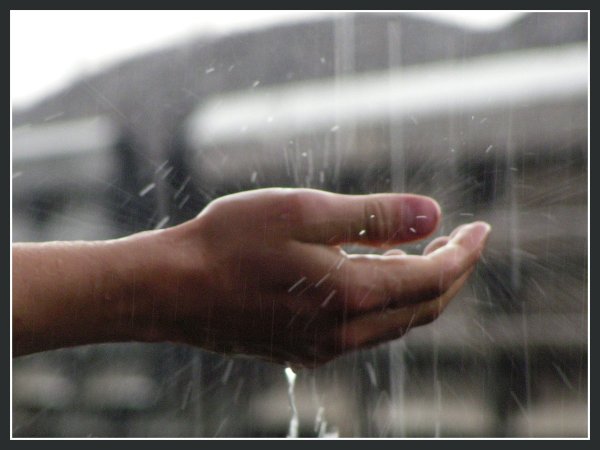 Капля дождя падает на ладонь