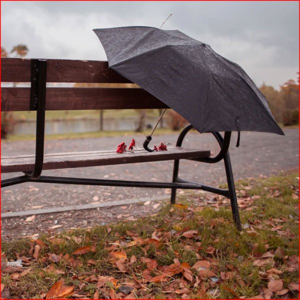 На скамейке под зонтом