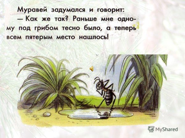 Сутеев под грибом муравей