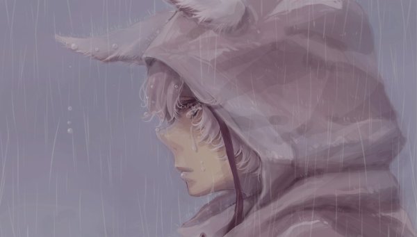 Аниме парень в капюшоне под дождем