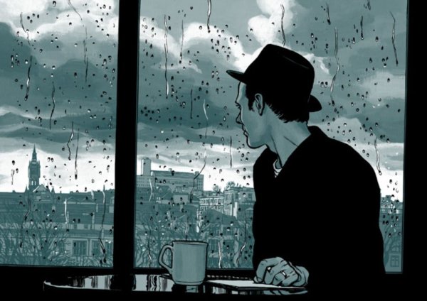 Человек у окна дождь