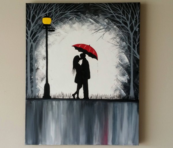 Влюбленные под зонтом силуэт