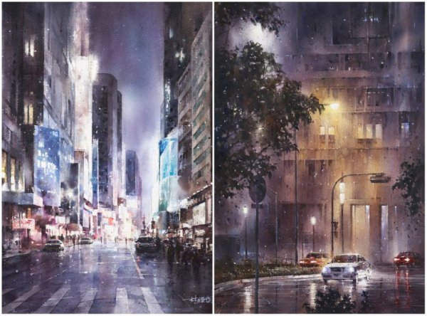 Акварель дождь в городе