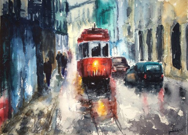 Дождливый город акварелью