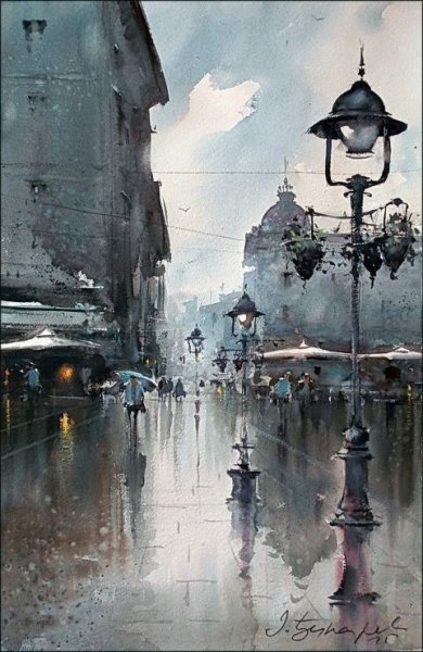 Акварель дождь в городе