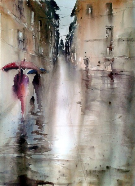 Дождливый город акварелью