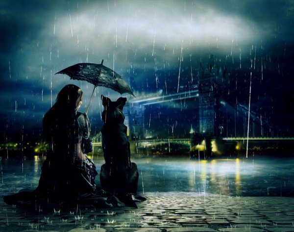 Девушка с собакой под дождем