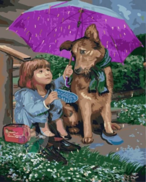 Человек с собакой под зонтом