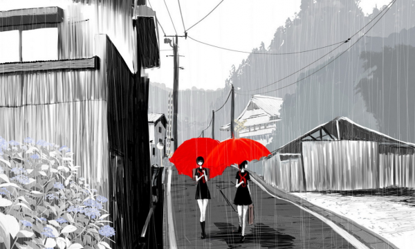 Пейзаж черно-бело-красный