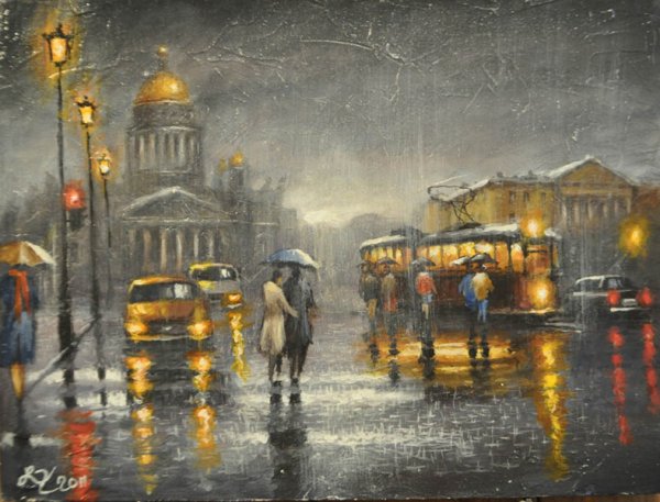 Живопись Питер трамвай дождь