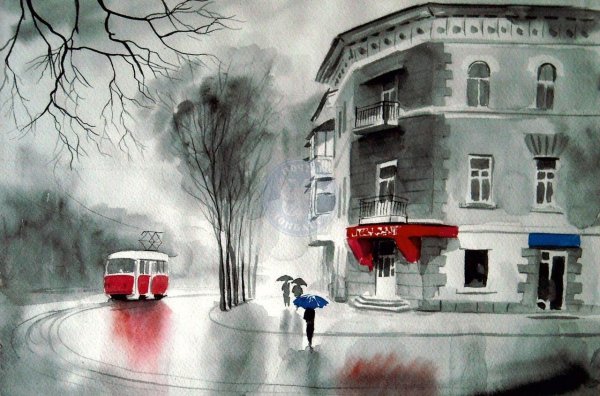 Люди в городе акварель