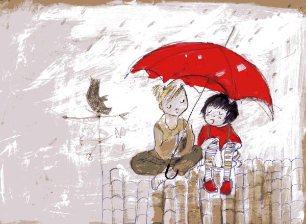 Мальчик и девочка под зонтом