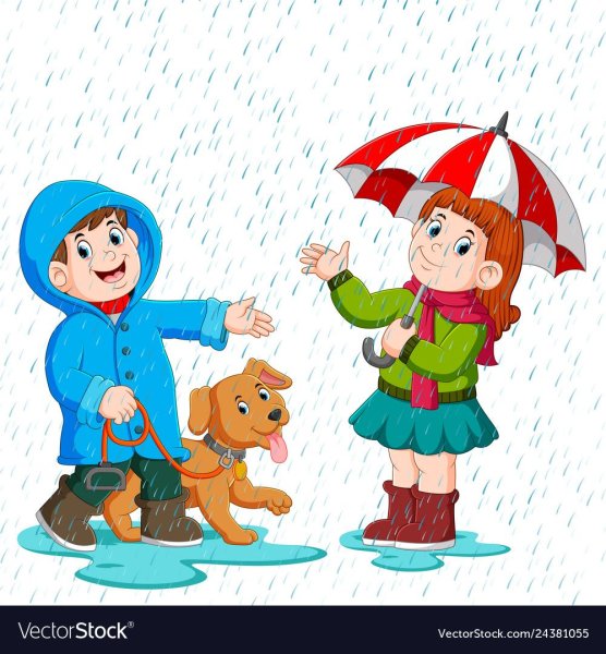 Дети гуляют под зонтом