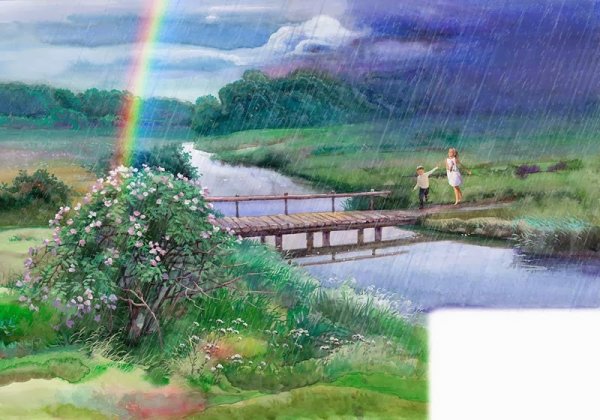 Летний пейзаж с дождем акварель