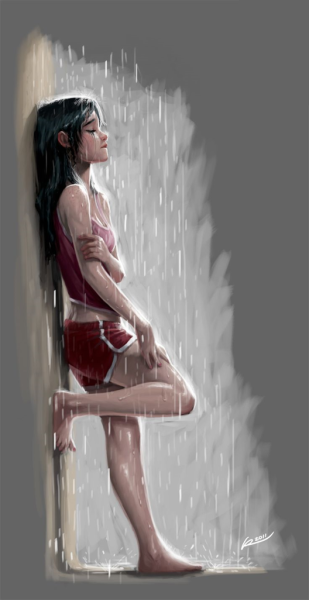 Девушка сидит под дождем